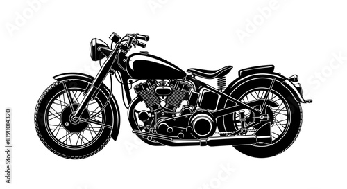 Classic Vintage Motorcycle Vector Illustration. Detailed Retro V-Twin Engine Bike Graphic. Black Silhouette Side View.