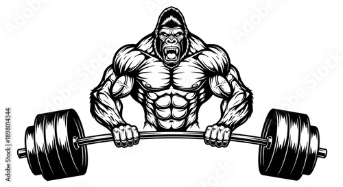 Angry Muscular Gorilla Bodybuilder Lifting Barbell. Fitness, Strength, and Power Mascot Vector Illustration.