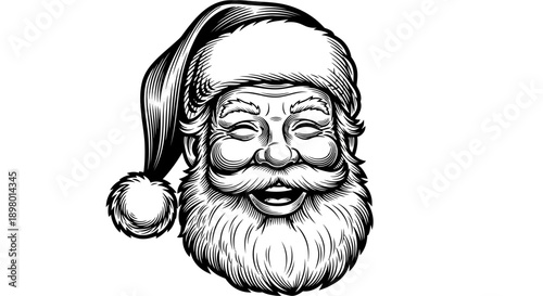 Jolly Laughing Santa Claus Head Woodcut Style Illustration. Vintage Christmas Line Art.
