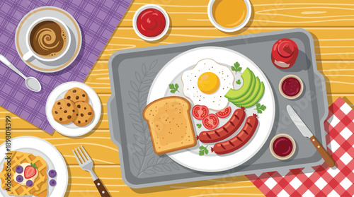 Delicious Breakfast Spread with Eggs Sausage Toast and Coffee Top View - Vector Illustration