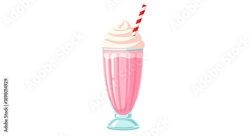Retro Pink Milkshake Vector with Whipped Cream and Striped Straw. Sweet Diner Style Dessert Drink Isolated on White.