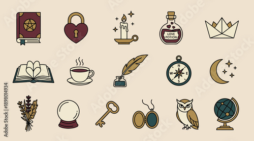 Mystical Icon Set: Vintage Occult Symbols, Magic Spellbook, Love Potion, Witchcraft, Owl, and Celestial Elements Vector.