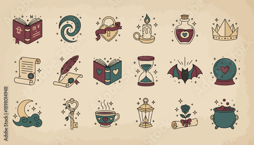 Retro Magic Icon Set: Mystical Witchcraft Symbols, Occult Elements, Love Potions, and Fantasy Designs in Vintage Tattoo Flash Art Style.