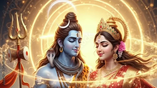 Maha shivaratri divine animation of lord shiva and goddess parvati cosmic energy meditation scene for spiritual festival visuals devotional background