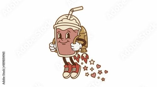 Speed Drink Delivery: Vintage Milkshake Mascot Character Flying with Rocket Jetpack Illustration in Retro Cartoon Style.