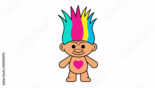 Cute Cartoon Troll Doll with Colorful Spiky Hair and Pink Heart Symbol. Retro 90s Pop Culture Character Vector Illustration.