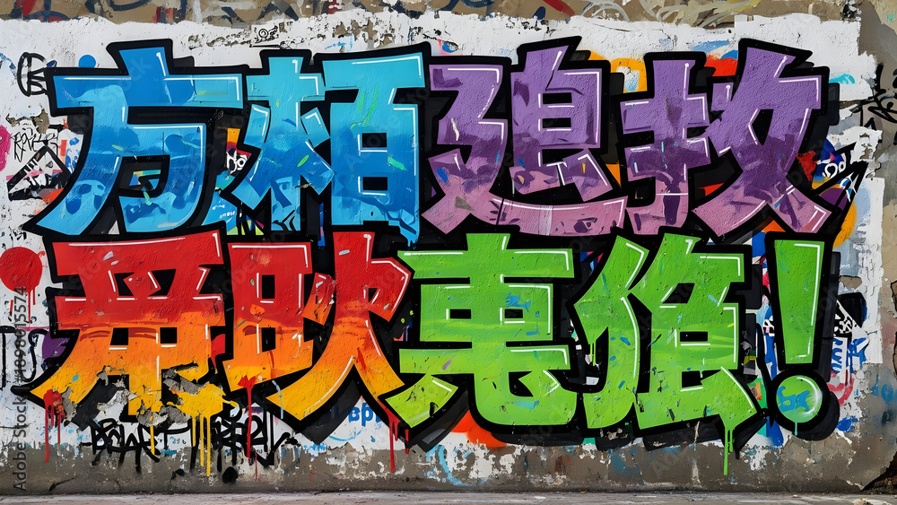 Fototapeta premium Vibrant Chinese graffiti typography painted on urban wall with bold colors and expressive street art style. 