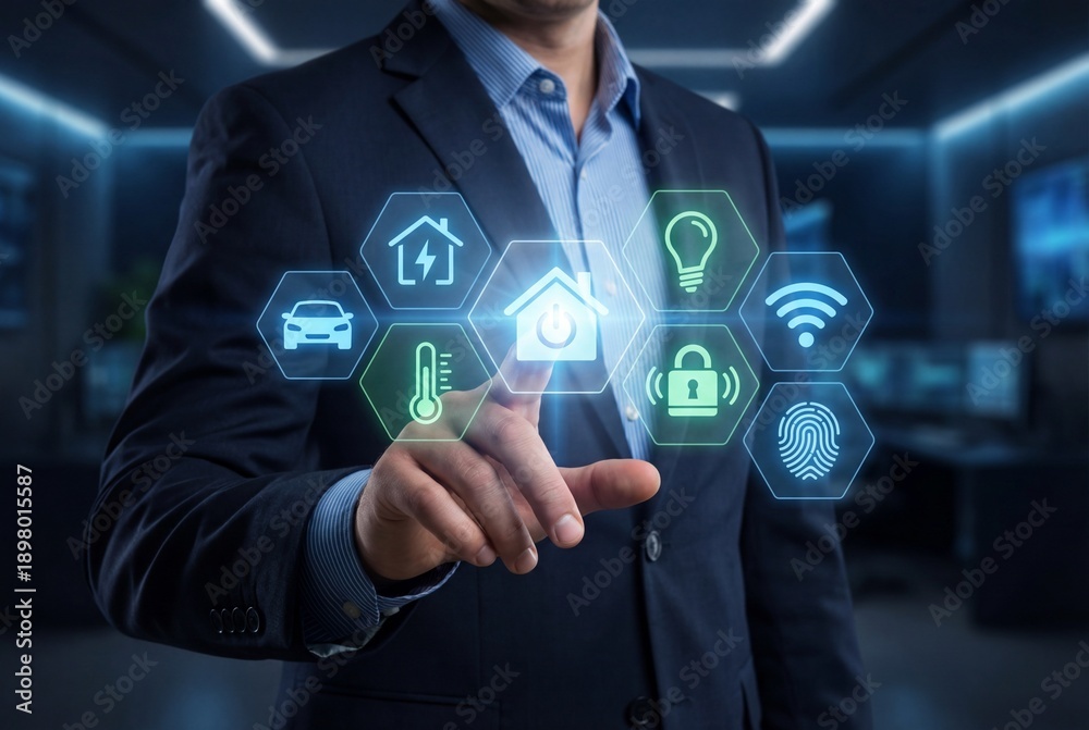 Obraz premium Businessman interacting with smart home holographic interface