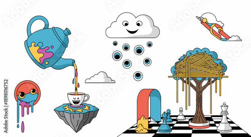 Whimsical Surreal Cartoon Illustration with Teapot, Eyeball Cloud, Spaghetti Tree, and Chessboard