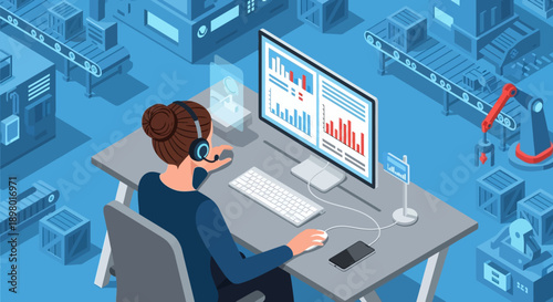 Illustration of a focused businesswoman working on a computer with a headset in a warehouse office.