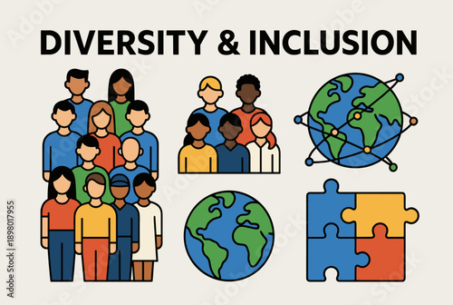 Illustration representing diversity and inclusion with groups of people, global connections, and a puzzle, symbolizing unity and multiculturalism.