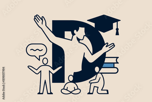 Stylized illustration representing education, learning, teaching, and personal development with multiple figures and academic symbols around a large letter D.