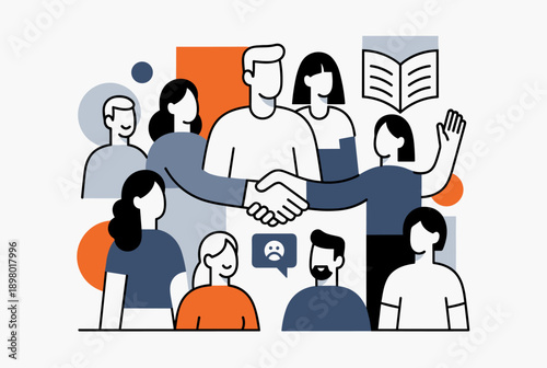 Diverse group of people collaborating, shaking hands, learning, and communicating in a modern flat design illustration.
