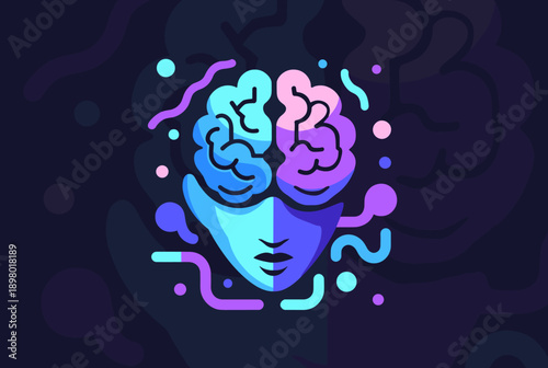 Abstract illustration of a human head with a colorful, split brain, surrounded by vibrant geometric and organic shapes, representing thought and creativity.