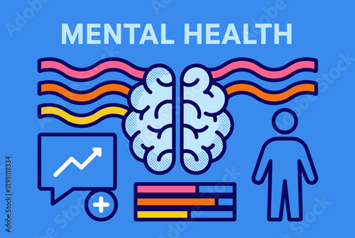 Illustration of mental health concepts with a brain, data, and a person on a blue background, symbolizing psychological wellbeing and cognitive processes.