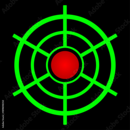 Professional Circular Target Crosshair Icon with Green Rings and Red Center Point on Black Background for Video Game UI and Radar Aiming Design