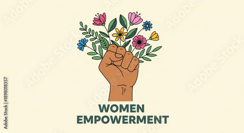 A raised fist holding flowers symbolizing empowerment and solidarity for women's rights from a front viewpoint
