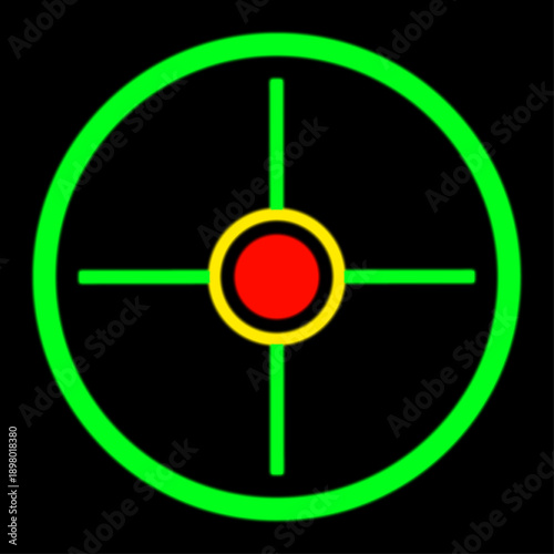 Colorful Target Crosshair Icon with Green Outer Ring and Red Center Point on Black Background for Video Game UI and Sniper Aiming Design
