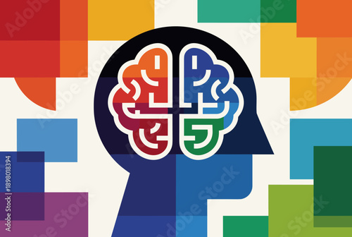 Stylized illustration of a human head with a colorful, segmented brain and a vibrant, geometric background representing thought and communication.