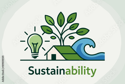 A graphic illustration depicting sustainability concepts with a lightbulb, house, growing plant, and ocean wave, all centered around the word 'Sustainability'.