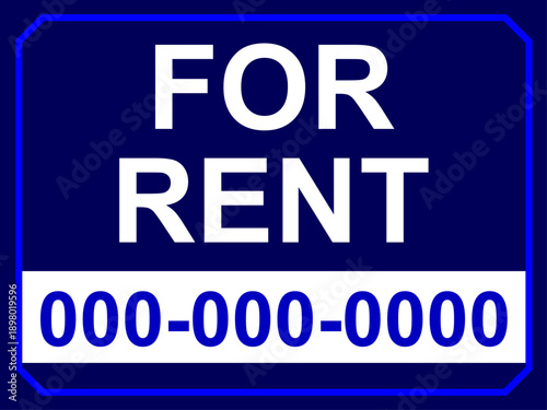 Professional Deep Blue "FOR RENT" Signage with Bold White Typography and Placeholder Contact Number for Residential and Commercial Leasing