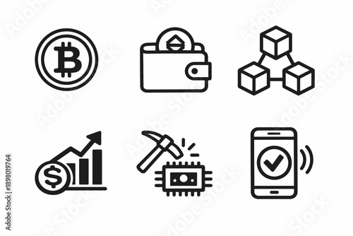 Cryptocurrency, blockchain, and mining icon set
