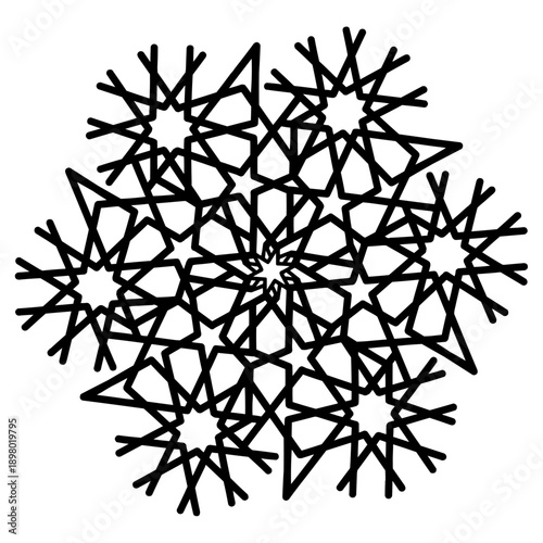 an intricate black and white geometric pattern, often associated with Islamic art or a mandala design. It is a circular, symmetrical design composed of intersecting lines forming various star and poly