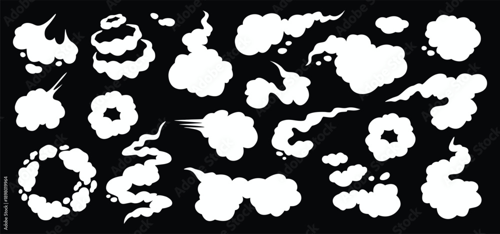 Fototapeta premium White cartoon smoke and explosion effects on black background. Dynamic cloud bursts, trails, and impact shapes in comic style. High contrast vector elements for games, animations, , and graph