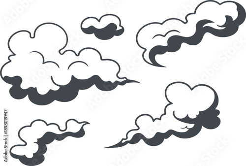 Cartoon smoke and cloud puffs in black and white style. Puffy  shapes with soft shadows and playful outlines. Hand drawn vector elements ideal for comics, effects, animations, and graphic design.
