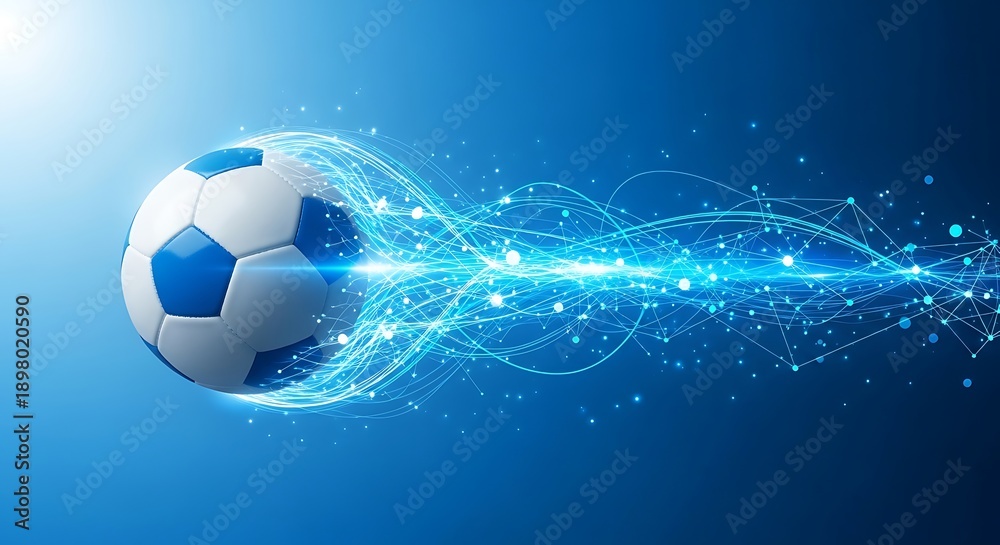 Fototapeta premium Dynamic soccer ball in motion with glowing blue energy trails and abstract network connections against a dark blue background, symbolizing speed and technology.