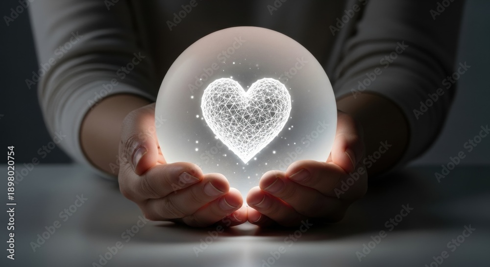 Obraz premium Valentine's Day Love Concept: Hands Gently Cradle a Glowing Geometric Wireframe Heart within a Sphere, Symbolizing Connection, Care, and Digital Romance