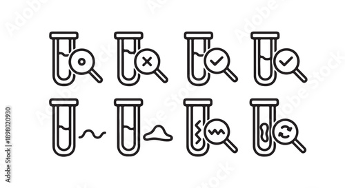 Vector laboratory test tube icons with magnifying glass, check, cross, and results, for science or medical presentation