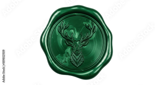 Foto Emerald green wax seal with deer head isolated PNG, vintage style stamp for invi