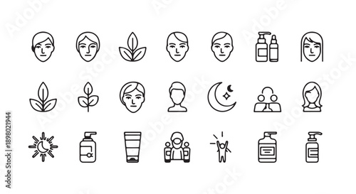 Vector skincare and beauty icons set, including face care symbols, leaf illustrations, and product bottles, for website or app UI design