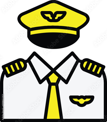 A stylized illustration of a pilot in a uniform with distinctive insignia and cap
