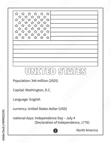 United States Flag Coloring Page with Country Facts for Kids