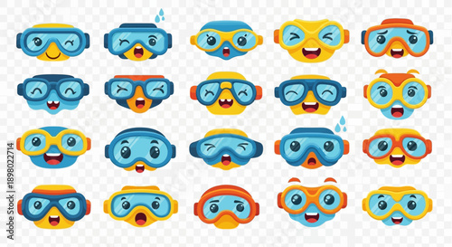 Collection of cartoon faces with various expressions wearing swimming goggles and diving masks, isolated on a transparent background.
