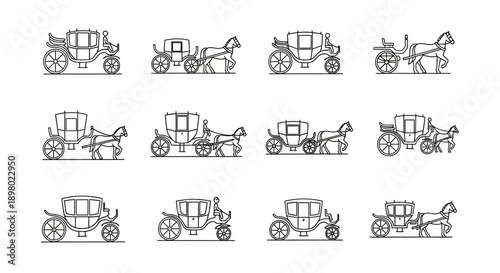 Set of vintage horse-drawn carriages and coaches in line art style, isolated on white background, depicting various historical transport vehicles.