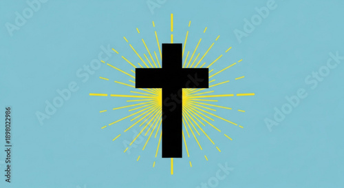 Black Christian Cross Symbol on Blue Background with Yellow Sunburst