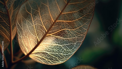 Close-up of delicate, translucent leaves revealing intricate vein structure, bathed in sunlight