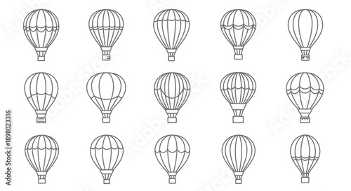 Set of fifteen outline hot air balloon icons in various styles, isolated on a white background, representing travel and adventure.