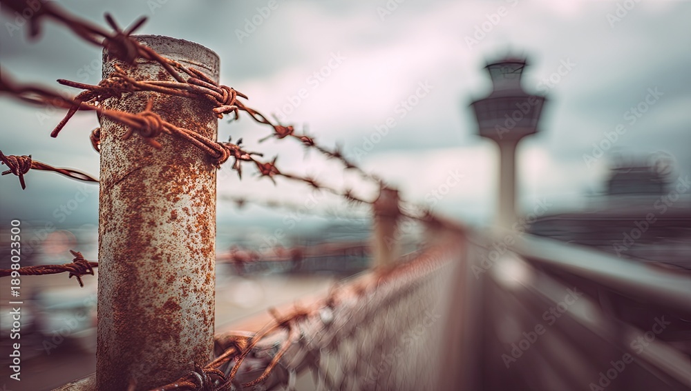 Fototapeta premium Close-up of rusty barbed wire fence with control tower in soft focus background