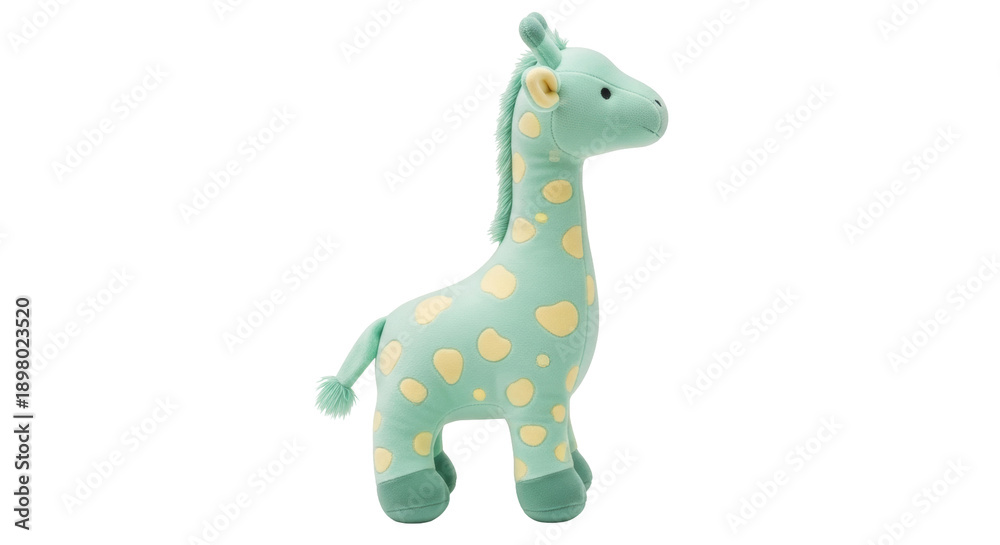 Naklejka premium Cute mint green giraffe plush toy isolated PNG, soft stuffed animal for kids and nursery decor on transparent background