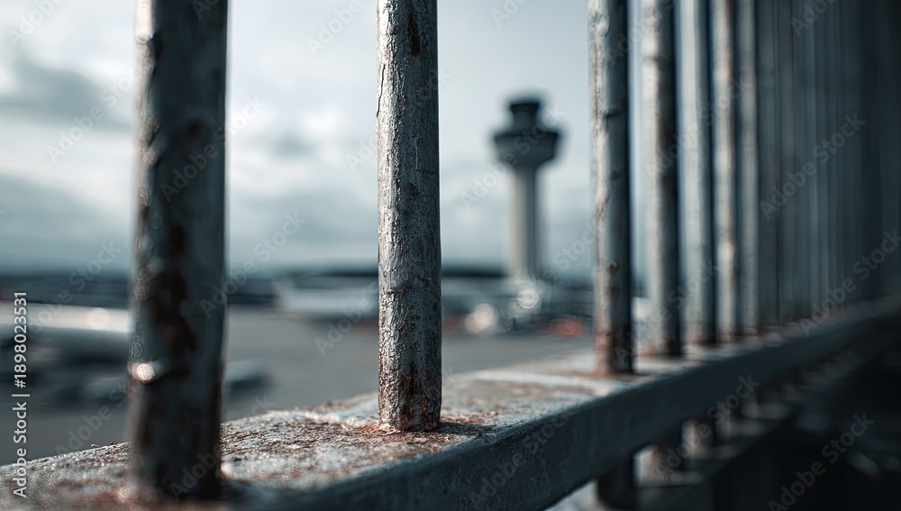 Fototapeta premium Close-up of weathered metal bars, with an airport control tower in the blurry background