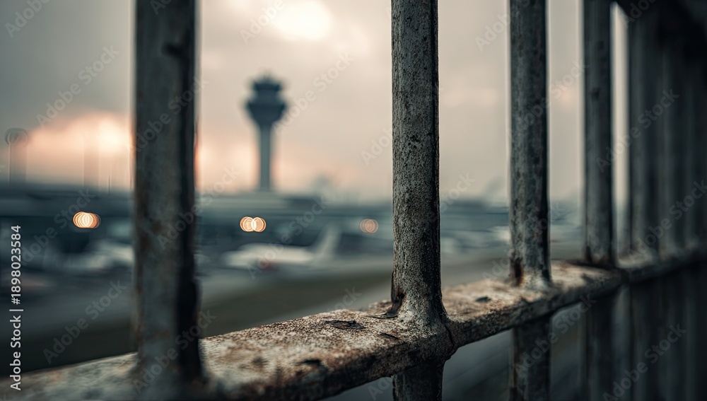 Fototapeta premium Close-up of weathered metal bars, airport control tower blurred in background during sunset