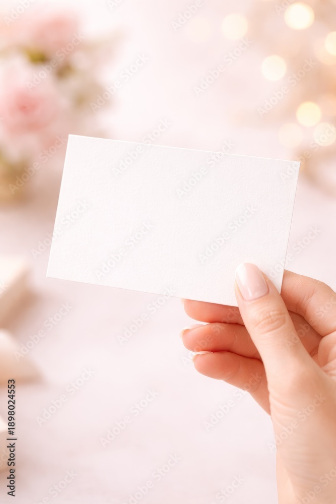 Obraz premium Blank White Card in Female Hand on Soft Pink Background
