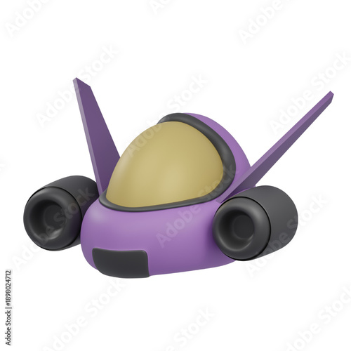 Retro-futuristic flying vehicle with purple accents and large yellow cockpit window, digital art