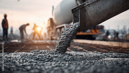 Concrete truck pouring fresh cement over rebar, construction workers in background