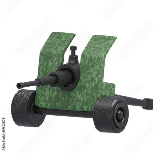 A 3D render of a camouflage-patterned toy cannon with black wheels, presented on a white background, ideal for creative projects and presentations