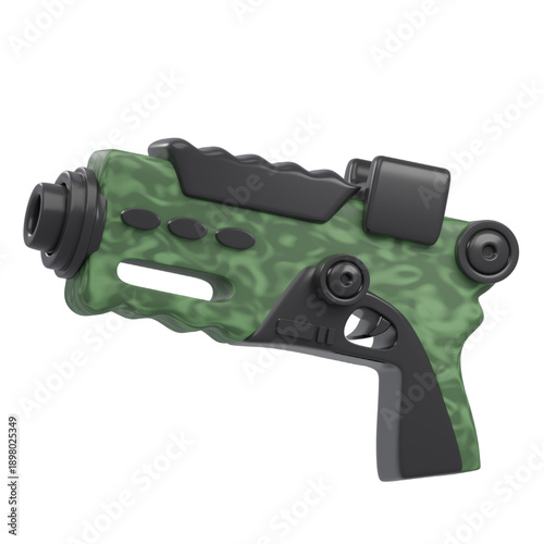 3D rendering of a toy water gun with a camouflage pattern, perfect for summer fun and outdoor games